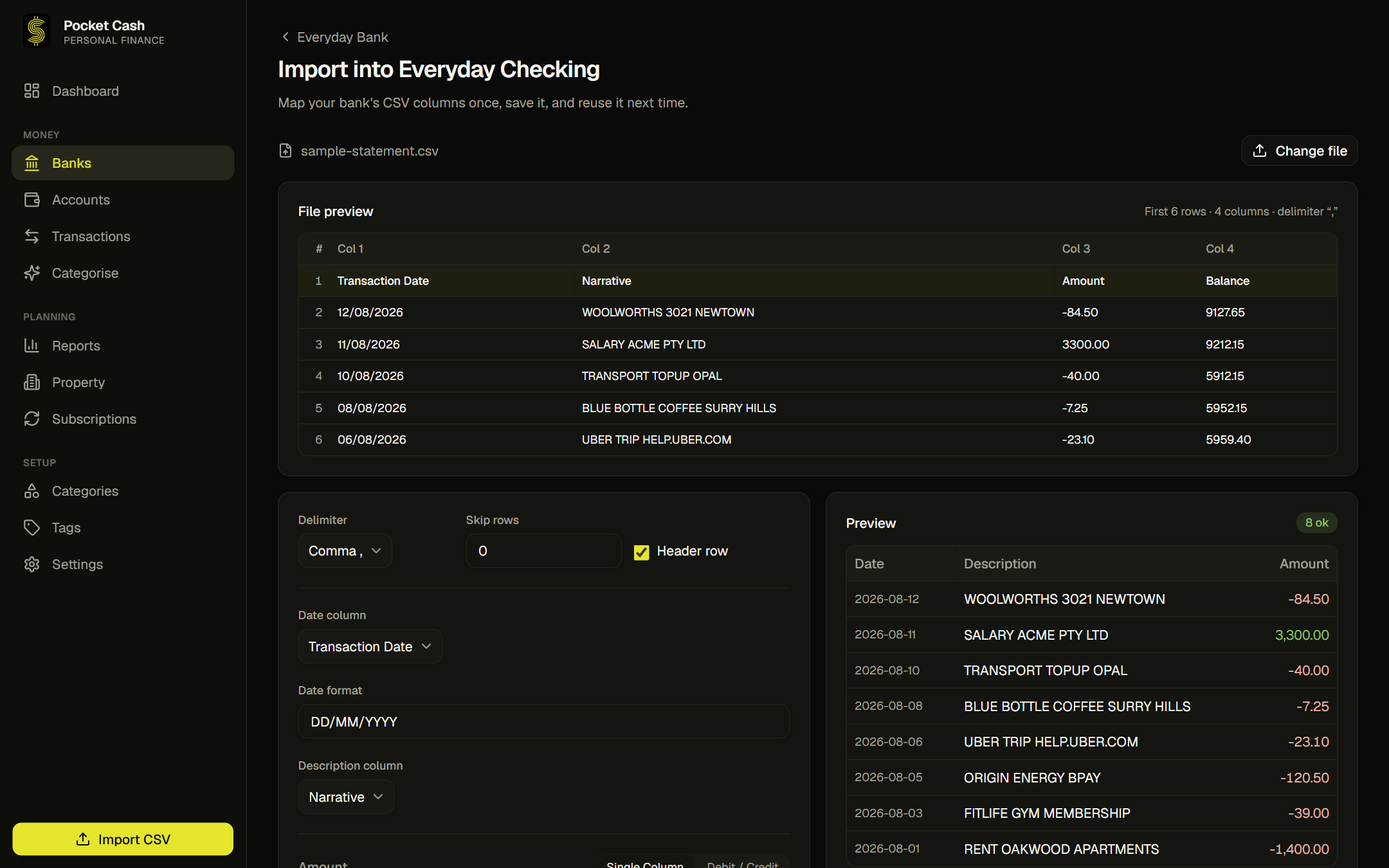 The CSV import screen: a preview of the uploaded statement above controls mapping each column to a field, with a live preview showing the parsed rows and how many are valid.